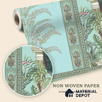 Celestial Jharokha Peacock Court Artistic Charm Designer | WP 03982 Non Woven Matte Finish Tropical Style Premium Customized size Wallpaper | 150 GSM WP01MTF Paper | (MOQ = 30 Sq. Ft.)