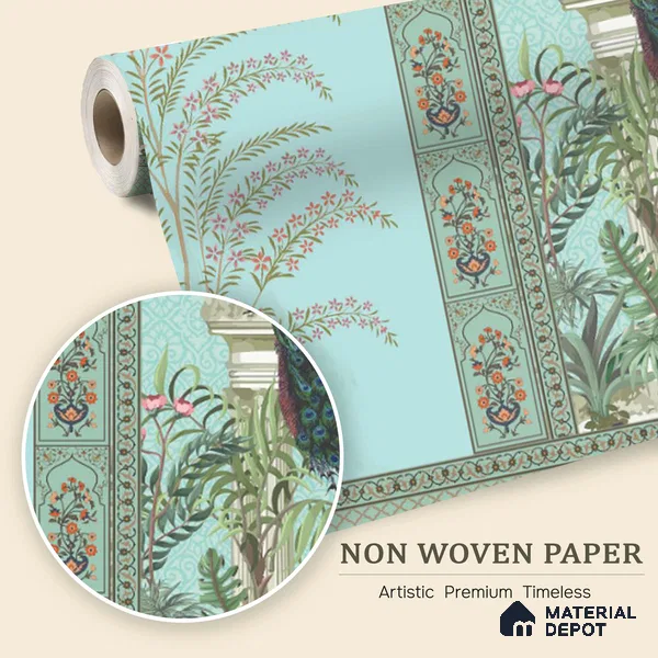 Celestial Jharokha Peacock Court Artistic Charm Designer | WP 03982 Non Woven Matte Finish Tropical Style Premium Customized size Wallpaper | 150 GSM WP01MTF Paper | (MOQ = 30 Sq. Ft.)