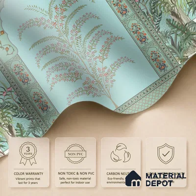 Celestial Jharokha Peacock Court Artistic Charm Designer | WP 03982 B Canvas Texture Finish Tropical Style luxurious Customized size Wallpaper | 250 GSM WP01CNF Paper | (MOQ = 30 Sq. Ft.)