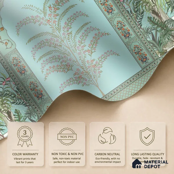 Celestial Jharokha Peacock Court Artistic Charm Designer | WP 03982 B Canvas Texture Finish Tropical Style luxurious Customized size Wallpaper | 250 GSM WP01CNF Paper | (MOQ = 30 Sq. Ft.)