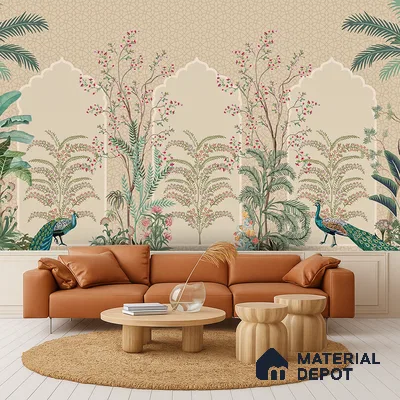 Blossom Veil Jharokha Garden Artistic Charm Designer | WP 03983 B Canvas Texture Finish Chinoiserie Style luxurious Customized size Wallpaper | 250 GSM WP01CNF Paper | (MOQ = 30 Sq. Ft.)