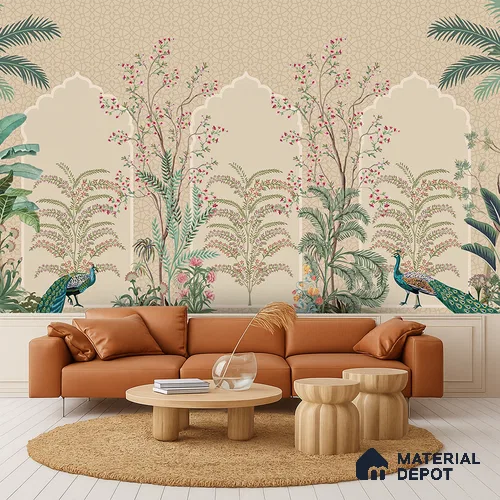 Blossom Veil Jharokha Garden Artistic Charm Designer | WP 03983 B Canvas Texture Finish Chinoiserie Style luxurious Customized size Wallpaper | 250 GSM WP01CNF Paper | (MOQ = 30 Sq. Ft.)