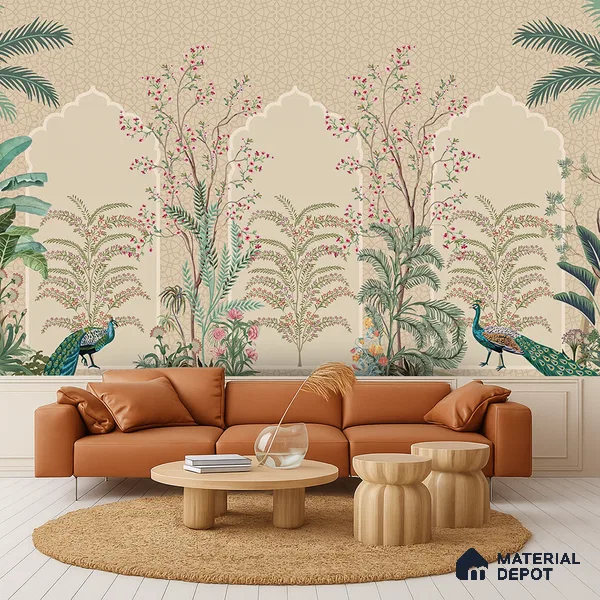 Blossom Veil Jharokha Garden Artistic Charm Designer | WP 03983 B Canvas Texture Finish Chinoiserie Style luxurious Customized size Wallpaper | 250 GSM WP01CNF Paper | (MOQ = 30 Sq. Ft.)