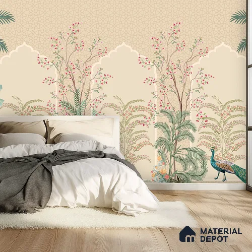 Blossom Veil Jharokha Garden Artistic Charm Designer | WP 03983 B Canvas Texture Finish Chinoiserie Style luxurious Customized size Wallpaper | 250 GSM WP01CNF Paper | (MOQ = 30 Sq. Ft.)