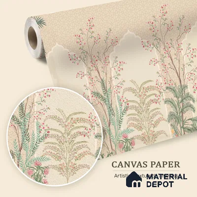 Blossom Veil Jharokha Garden Artistic Charm Designer | WP 03983 B Canvas Texture Finish Chinoiserie Style luxurious Customized size Wallpaper | 250 GSM WP01CNF Paper | (MOQ = 30 Sq. Ft.)
