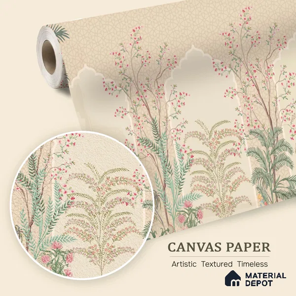 Blossom Veil Jharokha Garden Artistic Charm Designer | WP 03983 B Canvas Texture Finish Chinoiserie Style luxurious Customized size Wallpaper | 250 GSM WP01CNF Paper | (MOQ = 30 Sq. Ft.)