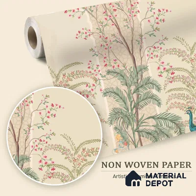 Blossom Veil Jharokha Garden Artistic Charm Designer | WP 03983 Non Woven Matte Finish Chinoiserie Style Premium Customized size Wallpaper | 150 GSM WP01MTF Paper | (MOQ = 30 Sq. Ft.)