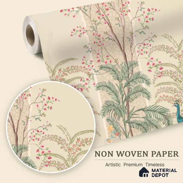 Blossom Veil Jharokha Garden Artistic Charm Designer | WP 03983 Non Woven Matte Finish Chinoiserie Style Premium Customized size Wallpaper | 150 GSM WP01MTF Paper | (MOQ = 30 Sq. Ft.)