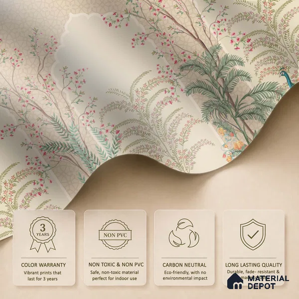 Blossom Veil Jharokha Garden Artistic Charm Designer | WP 03983 Non Woven Matte Finish Chinoiserie Style Premium Customized size Wallpaper | 150 GSM WP01MTF Paper | (MOQ = 30 Sq. Ft.)