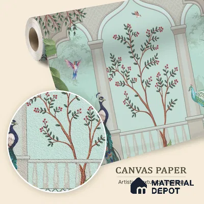 Berry Bough Peacock Jharokha Abstract Nature Art | WP 03984 B Canvas Texture Finish Tropical Style luxurious Customized size Wallpaper | 250 GSM WP01CNF Paper | (MOQ = 30 Sq. Ft.)