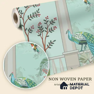 Berry Bough Peacock Jharokha Abstract Nature Art | WP 03984 Non Woven Matte Finish Tropical Style Premium Customized size Wallpaper | 150 GSM WP01MTF Paper | (MOQ = 30 Sq. Ft.)