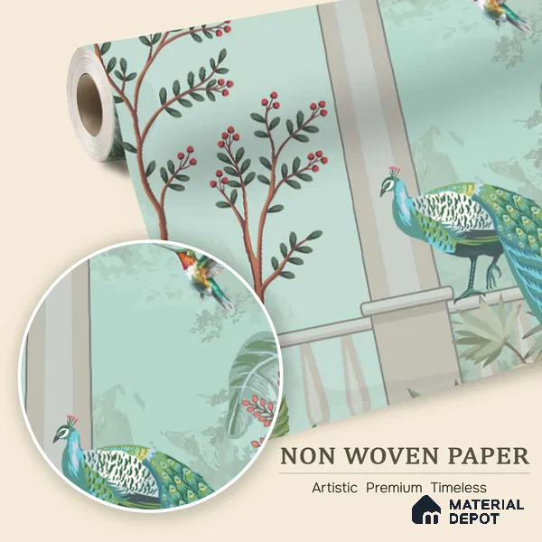 Berry Bough Peacock Jharokha Abstract Nature Art | WP 03984 Non Woven Matte Finish Tropical Style Premium Customized size Wallpaper | 150 GSM WP01MTF Paper | (MOQ = 30 Sq. Ft.)
