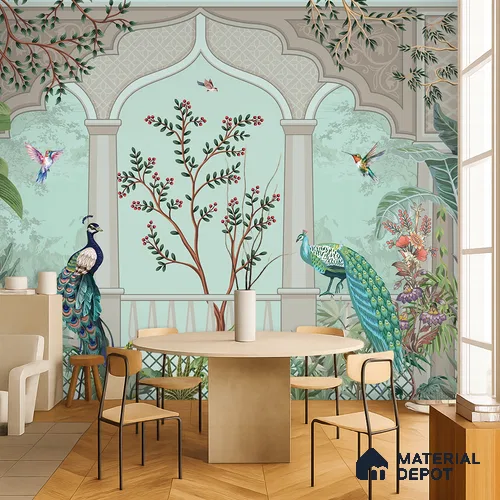 Berry Bough Peacock Jharokha Abstract Nature Art | WP 03984 Non Woven Matte Finish Tropical Style Premium Customized size Wallpaper | 150 GSM WP01MTF Paper | (MOQ = 30 Sq. Ft.)