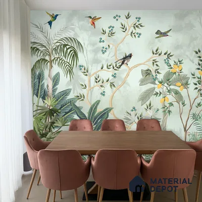 Citrine Grove Songbirds Tropical Mist Nature Art | WP 03985 B Canvas Texture Finish Tropical Style luxurious Customized size Wallpaper | 250 GSM WP01CNF Paper | (MOQ = 30 Sq. Ft.)