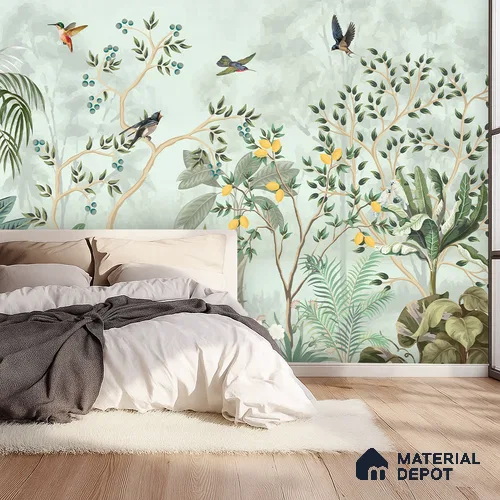 Citrine Grove Songbirds Tropical Mist Nature Art | WP 03985 B Canvas Texture Finish Tropical Style luxurious Customized size Wallpaper | 250 GSM WP01CNF Paper | (MOQ = 30 Sq. Ft.)