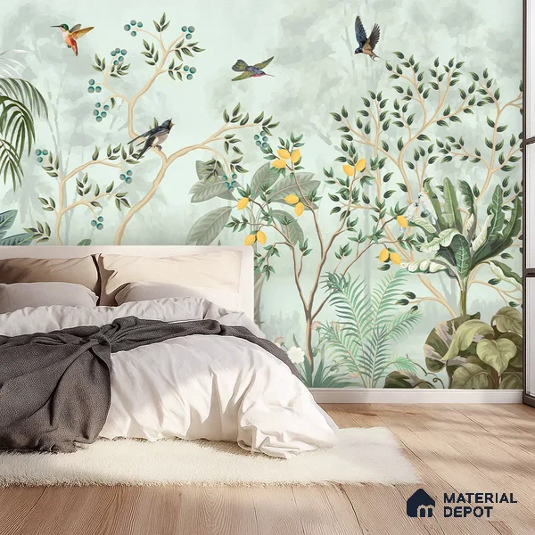 Citrine Grove Songbirds Tropical Mist Nature Art | WP 03985 B Canvas Texture Finish Tropical Style luxurious Customized size Wallpaper | 250 GSM WP01CNF Paper | (MOQ = 30 Sq. Ft.)