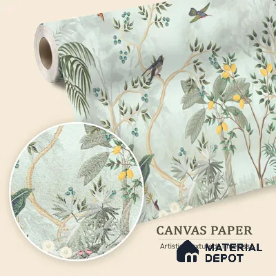 Citrine Grove Songbirds Tropical Mist Nature Art | WP 03985 B Canvas Texture Finish Tropical Style luxurious Customized size Wallpaper | 250 GSM WP01CNF Paper | (MOQ = 30 Sq. Ft.)