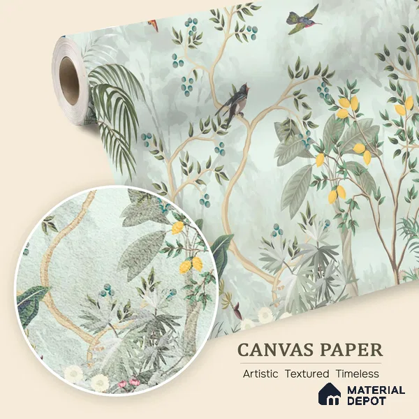 Citrine Grove Songbirds Tropical Mist Nature Art | WP 03985 B Canvas Texture Finish Tropical Style luxurious Customized size Wallpaper | 250 GSM WP01CNF Paper | (MOQ = 30 Sq. Ft.)