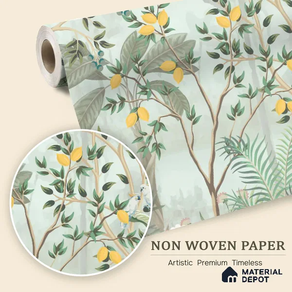 Citrine Grove Songbirds Tropical Mist Nature Art | WP 03985 Non Woven Matte Finish Tropical Style Premium Customized size Wallpaper | 150 GSM WP01MTF Paper | (MOQ = 30 Sq. Ft.)