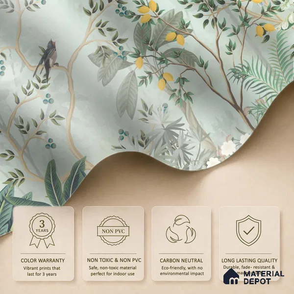 Citrine Grove Songbirds Tropical Mist Nature Art | WP 03985 Non Woven Matte Finish Tropical Style Premium Customized size Wallpaper | 150 GSM WP01MTF Paper | (MOQ = 30 Sq. Ft.)