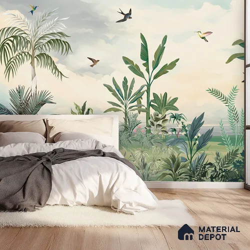 Open Skies Tropical Meadow Mist Nature Art | WP 03987 B Canvas Texture Finish Tropical Style luxurious Customized size Wallpaper | 250 GSM WP01CNF Paper | (MOQ = 30 Sq. Ft.)