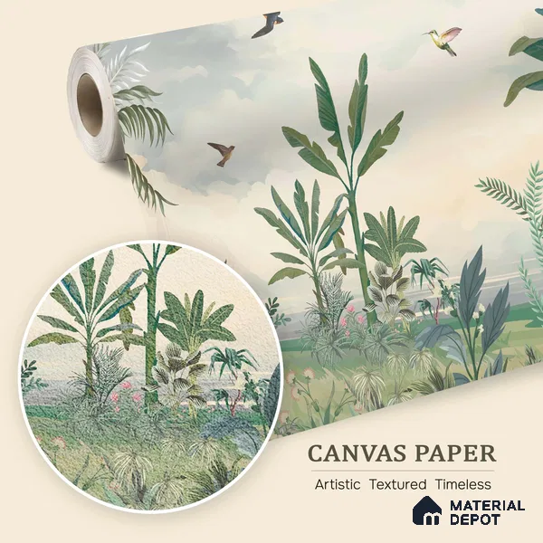 Open Skies Tropical Meadow Mist Nature Art | WP 03987 B Canvas Texture Finish Tropical Style luxurious Customized size Wallpaper | 250 GSM WP01CNF Paper | (MOQ = 30 Sq. Ft.)
