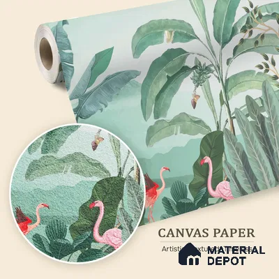 Banana Grove Flamingo Escape Tropical Mist Nature Art | WP 03988 B Canvas Texture Finish Tropical Style luxurious Customized size Wallpaper | 250 GSM WP01CNF Paper | (MOQ = 30 Sq. Ft.)