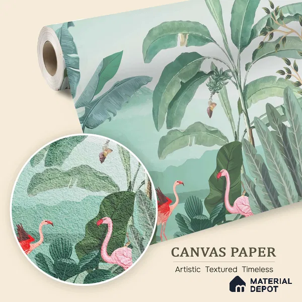 Banana Grove Flamingo Escape Tropical Mist Nature Art | WP 03988 B Canvas Texture Finish Tropical Style luxurious Customized size Wallpaper | 250 GSM WP01CNF Paper | (MOQ = 30 Sq. Ft.)