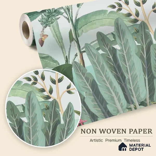 Banana Grove Flamingo Escape Tropical Mist Nature Art | WP 03988 Non Woven Matte Finish Tropical Style Premium Customized size Wallpaper | 150 GSM WP01MTF Paper | (MOQ = 30 Sq. Ft.)