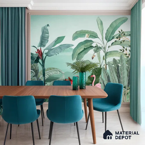 Banana Grove Flamingo Escape Tropical Mist Nature Art | WP 03988 Non Woven Matte Finish Tropical Style Premium Customized size Wallpaper | 150 GSM WP01MTF Paper | (MOQ = 30 Sq. Ft.)