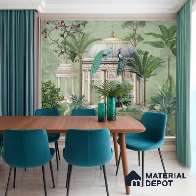 Verdant Pavilion of Peacocks Tropical Mist Nature Art | WP 03990 B Canvas Texture Finish Tropical Style luxurious Customized size Wallpaper | 250 GSM WP01CNF Paper | (MOQ = 30 Sq. Ft.)