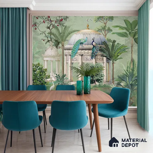 Verdant Pavilion of Peacocks Tropical Mist Nature Art | WP 03990 B Canvas Texture Finish Tropical Style luxurious Customized size Wallpaper | 250 GSM WP01CNF Paper | (MOQ = 30 Sq. Ft.)