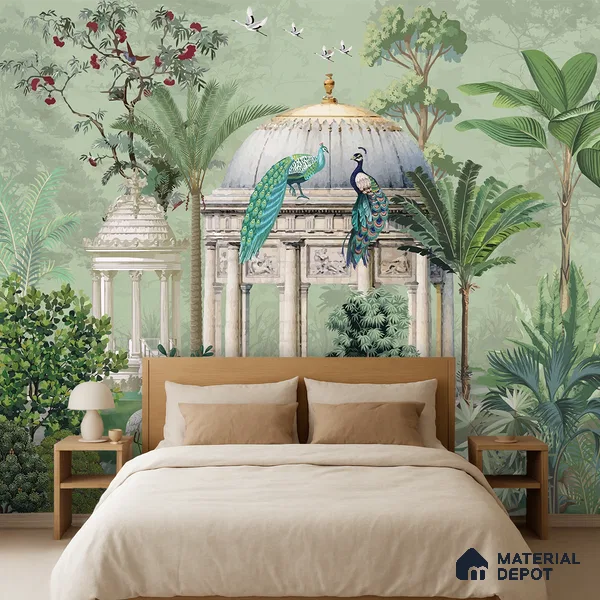 Verdant Pavilion of Peacocks Tropical Mist Nature Art | WP 03990 B Canvas Texture Finish Tropical Style luxurious Customized size Wallpaper | 250 GSM WP01CNF Paper | (MOQ = 30 Sq. Ft.)