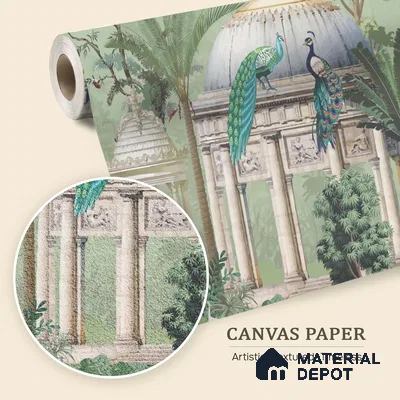 Verdant Pavilion of Peacocks Tropical Mist Nature Art | WP 03990 B Canvas Texture Finish Tropical Style luxurious Customized size Wallpaper | 250 GSM WP01CNF Paper | (MOQ = 30 Sq. Ft.)