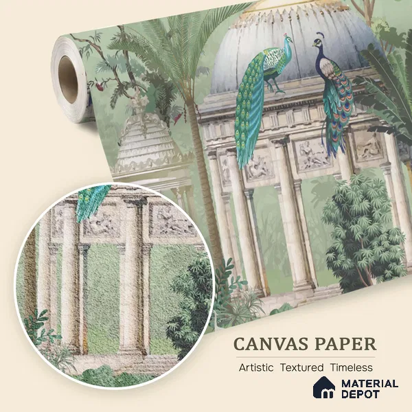 Verdant Pavilion of Peacocks Tropical Mist Nature Art | WP 03990 B Canvas Texture Finish Tropical Style luxurious Customized size Wallpaper | 250 GSM WP01CNF Paper | (MOQ = 30 Sq. Ft.)