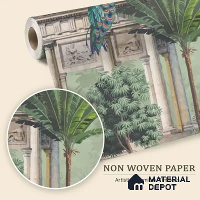 Verdant Pavilion of Peacocks Tropical Mist Nature Art | WP 03990 Non Woven Matte Finish Tropical Style Premium Customized size Wallpaper | 150 GSM WP01MTF Paper | (MOQ = 30 Sq. Ft.)