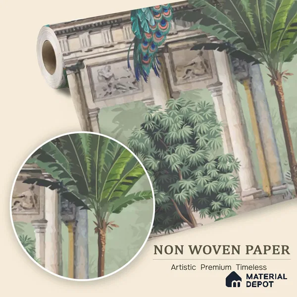 Verdant Pavilion of Peacocks Tropical Mist Nature Art | WP 03990 Non Woven Matte Finish Tropical Style Premium Customized size Wallpaper | 150 GSM WP01MTF Paper | (MOQ = 30 Sq. Ft.)