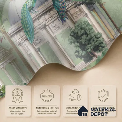 Verdant Pavilion of Peacocks Tropical Mist Nature Art | WP 03990 Non Woven Matte Finish Tropical Style Premium Customized size Wallpaper | 150 GSM WP01MTF Paper | (MOQ = 30 Sq. Ft.)