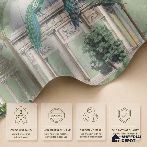 Verdant Pavilion of Peacocks Tropical Mist Nature Art | WP 03990 Non Woven Matte Finish Tropical Style Premium Customized size Wallpaper | 150 GSM WP01MTF Paper | (MOQ = 30 Sq. Ft.)