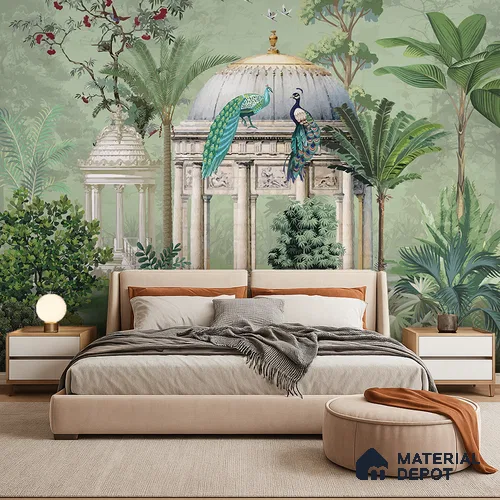 Verdant Pavilion of Peacocks Tropical Mist Nature Art | WP 03990 Non Woven Matte Finish Tropical Style Premium Customized size Wallpaper | 150 GSM WP01MTF Paper | (MOQ = 30 Sq. Ft.)