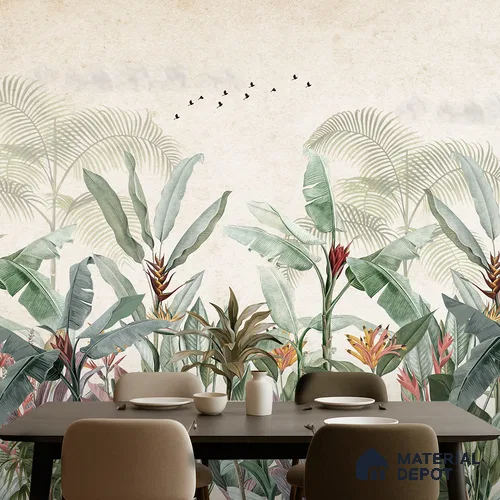 Whispering Banana Grove Tropical Mist Nature Art | WP 03991 B Canvas Texture Finish Tropical Style luxurious Customized size Wallpaper | 250 GSM WP01CNF Paper | (MOQ = 30 Sq. Ft.) | Design change not possible