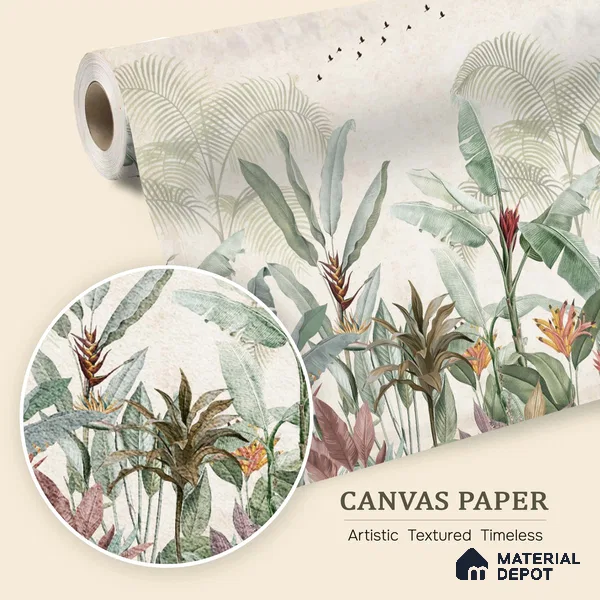 Whispering Banana Grove Tropical Mist Nature Art | WP 03991 B Canvas Texture Finish Tropical Style luxurious Customized size Wallpaper | 250 GSM WP01CNF Paper | (MOQ = 30 Sq. Ft.) | Design change not possible
