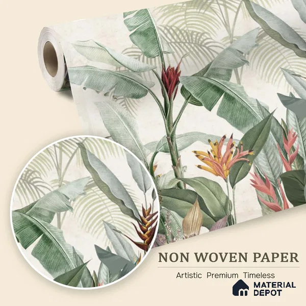 Whispering Banana Grove Tropical Mist Nature Art | WP 03991 Non Woven Matte Finish Tropical Style Premium Customized size Wallpaper | 150 GSM WP01MTF Paper | (MOQ = 30 Sq. Ft.) | Design change not possible