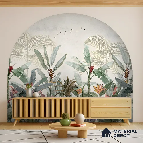 Whispering Banana Grove Tropical Mist Nature Art | WP 03991 Non Woven Matte Finish Tropical Style Premium Customized size Wallpaper | 150 GSM WP01MTF Paper | (MOQ = 30 Sq. Ft.) | Design change not possible