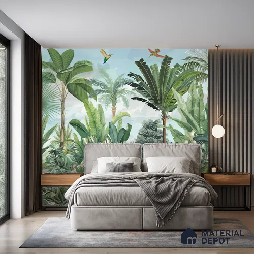 Verdant Aviary Tropical Mist Nature Art | WP 03992 B Canvas Texture Finish Tropical Style luxurious Customized size Wallpaper | 250 GSM WP01CNF Paper | (MOQ = 30 Sq. Ft.)