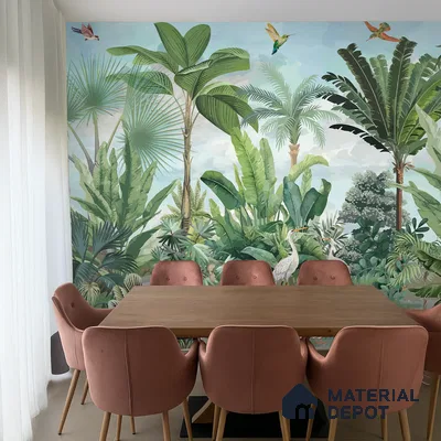 Verdant Aviary Tropical Mist Nature Art | WP 03992 B Canvas Texture Finish Tropical Style luxurious Customized size Wallpaper | 250 GSM WP01CNF Paper | (MOQ = 30 Sq. Ft.)