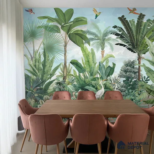 Verdant Aviary Tropical Mist Nature Art | WP 03992 B Canvas Texture Finish Tropical Style luxurious Customized size Wallpaper | 250 GSM WP01CNF Paper | (MOQ = 30 Sq. Ft.)