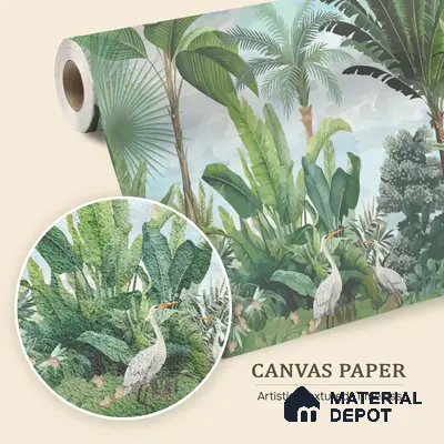 Verdant Aviary Tropical Mist Nature Art | WP 03992 B Canvas Texture Finish Tropical Style luxurious Customized size Wallpaper | 250 GSM WP01CNF Paper | (MOQ = 30 Sq. Ft.)
