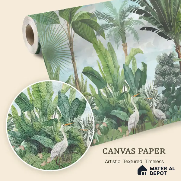 Verdant Aviary Tropical Mist Nature Art | WP 03992 B Canvas Texture Finish Tropical Style luxurious Customized size Wallpaper | 250 GSM WP01CNF Paper | (MOQ = 30 Sq. Ft.)