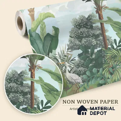 Verdant Aviary Tropical Mist Nature Art | WP 03992 Non Woven Matte Finish Tropical Style Premium Customized size Wallpaper | 150 GSM WP01MTF Paper | (MOQ = 30 Sq. Ft.)